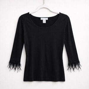 Black Silk Blend Feather Trim Beaded Top S 3/4 Sleeve Witchy Goth Noir Parisian